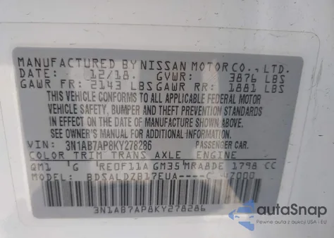 2019 Nissan Sentra Sv from USA, damaged, VIN 3N1AB7AP8KY278286